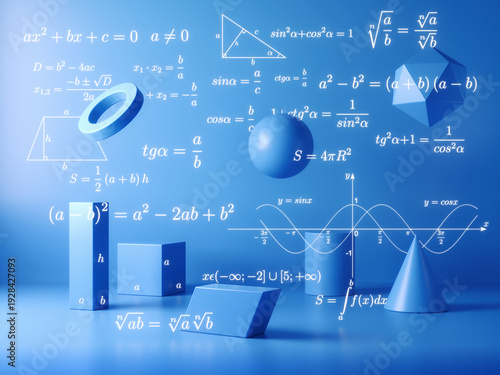Konstfotografi Mathematical formulas and geometric figures background - Math concept - 3d illus