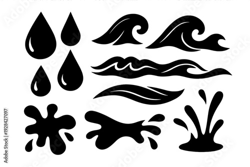 A collection of white line art icons depicting various water elements such as drops, waves, splashes, and ripples, all set against a solid black background for high contrast.