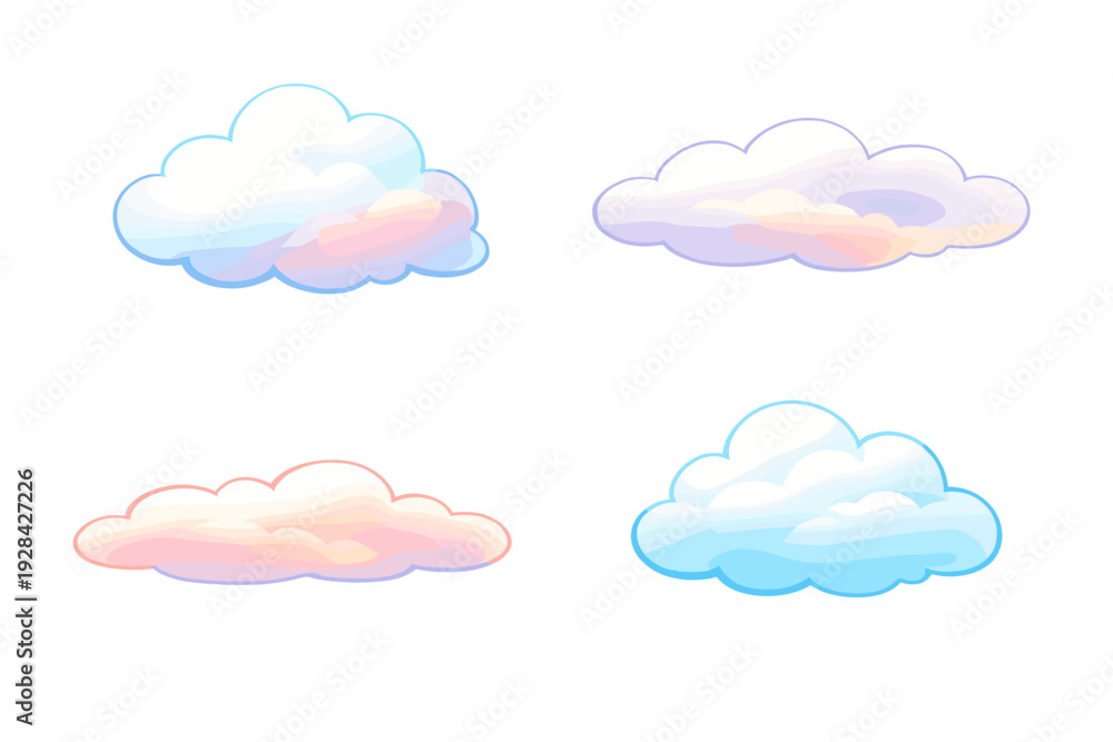 Obraz premium Four stylized pastel clouds in shades of blue and pink are set against a solid black background. These fluffy digital illustrations feature soft gradients and a dreamlike aesthetic.