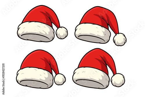 Four red and white Santa Claus hats are arranged in a grid pattern against a solid black background. The hats feature a fluffy white trim and a white pom-pom at the end of the red cap.