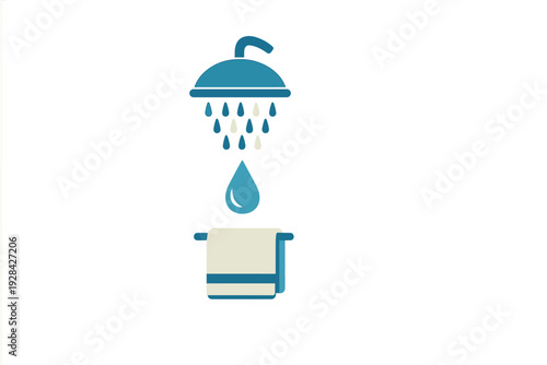A flat design graphic features a blue shower head spraying water drops onto a folded white towel on a rack, all centered on a dark black background.