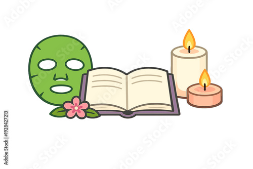 A flat illustration of self-care items including a green facial sheet mask, an open book, a pink flower, and two lit candles on a black background, representing a relaxing spa day at home.