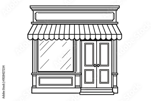 A black and white line art illustration of a classic storefront facade featuring a striped awning, a large display window, and double doors on a plain white background.