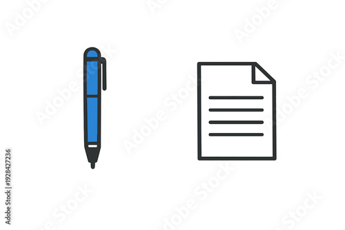 A simple graphic showing a blue ballpoint pen next to a document icon with text lines on a dark background. This image represents writing, documentation, and office work.