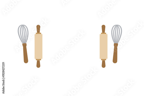 This digital illustration features two symmetrical pairs of kitchen utensils, including a wooden rolling pin and a metal wire whisk, set against a plain black background.