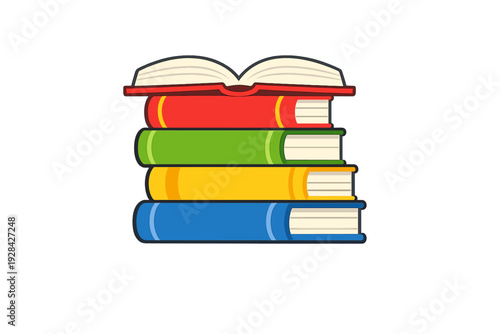 A stack of four colorful books in red, green, yellow, and blue sits against a black background. An open book with white pages rests on top of the pile in this flat illustration.