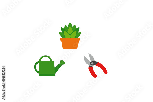 A flat vector illustration featuring a green succulent plant in an orange pot, a green watering can, and a pair of red-handled pruning shears isolated on a solid black background.