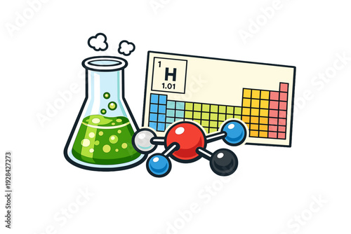 A cartoon illustration of chemistry equipment featuring an Erlenmeyer flask with bubbling green liquid, a periodic table showing hydrogen, and a colorful molecular model.