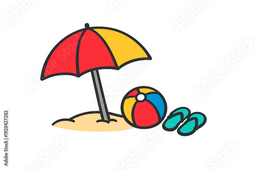 A colorful cartoon illustration featuring a red and yellow beach umbrella planted in sand, a multi-colored beach ball, and a pair of teal flip-flops on a black background.