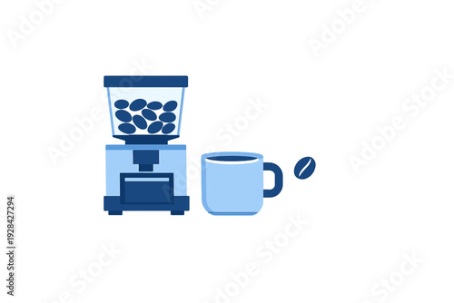 A minimalist blue illustration depicts a coffee grinder filled with beans alongside a steaming mug of coffee. A single coffee bean floats nearby against a black background.
