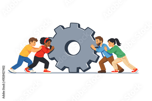 A group of four diverse individuals works together to push a massive grey gear. This cartoon illustration symbolizes teamwork, cooperation, and collective effort toward a common goal.