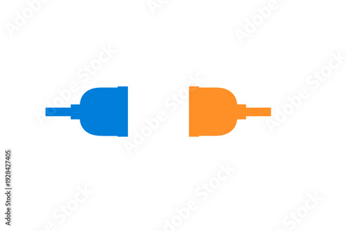 This minimalist illustration features a blue power plug and an orange power plug facing one another on a black backdrop, representing connectivity and energy transfer.