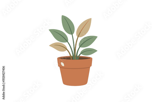 A flat vector illustration depicts a small houseplant with green and beige leaves inside a terracotta clay pot. The simple graphic design is isolated against a dark background.
