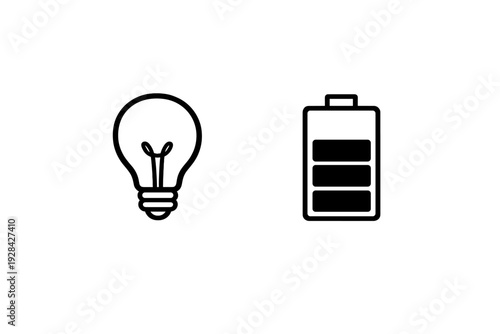 A minimalist black and white line art illustration featuring a classic incandescent light bulb on the left and a rectangular battery icon on the right side of the frame.