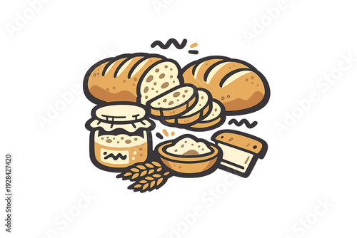 This illustration features two loaves of crusty bread, several slices, a jar of sourdough starter, a bowl of flour, and wheat ears against a dark background in a cartoon style.