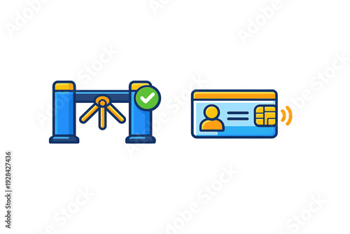 This vector illustration shows a blue security turnstile with a green checkmark and a digital identification card with a chip, symbolizing automated entry and access control.
