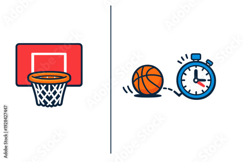 A flat illustration featuring a red basketball hoop on the left and an orange basketball next to a blue stopwatch on the right, separated by a thin vertical line on a black background.