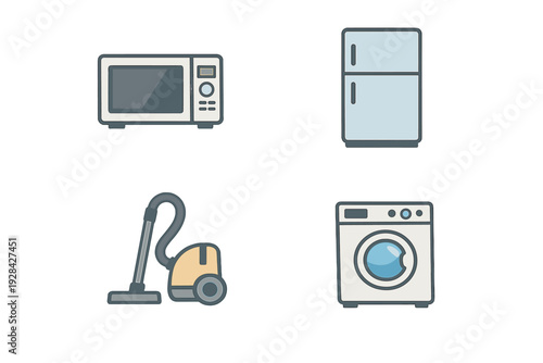 A collection of four flat vector icons representing common household appliances including a microwave, a refrigerator, a vacuum cleaner, and a front-loading washing machine on a black background.