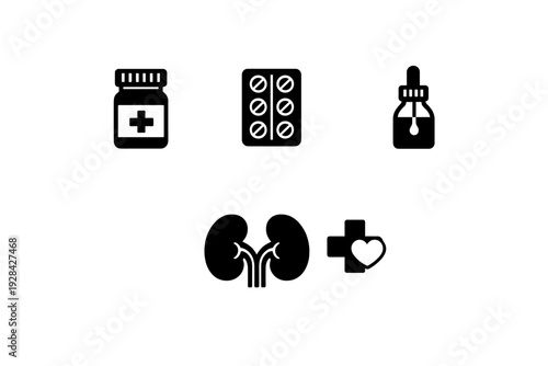A minimalist black and white illustration featuring a blister pack of pills and a heart icon. The design uses simple geometric shapes on a solid dark background for a clean look.