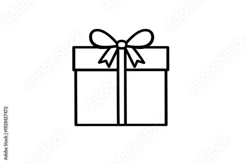 A simple white line illustration of a gift box with a decorative bow on top, isolated on a black background. This minimalist icon represents a holiday present or a special surprise.