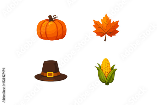 This set of four autumn-themed illustrations features a bright orange pumpkin, a maple leaf, a traditional pilgrim hat, and a yellow corn cob on a black background.
