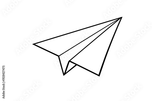 A minimalist black and white illustration of a white paper plane flying against a solid black background. The simple line art depicts a classic folded paper glider in a diagonal view.