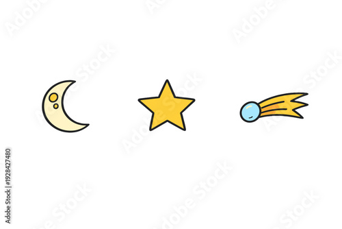 A set of three celestial illustrations featuring a crescent moon, a yellow star, and a shooting star with a blue head and yellow tail, all set against a solid black background.