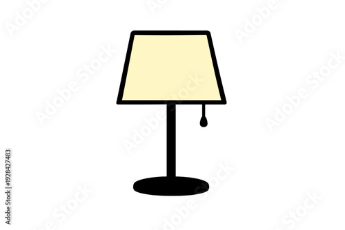 A minimalist illustration of a table lamp with a cream-colored shade and a black base, positioned against a solid black background. The lamp features a small pull chain hanging down.