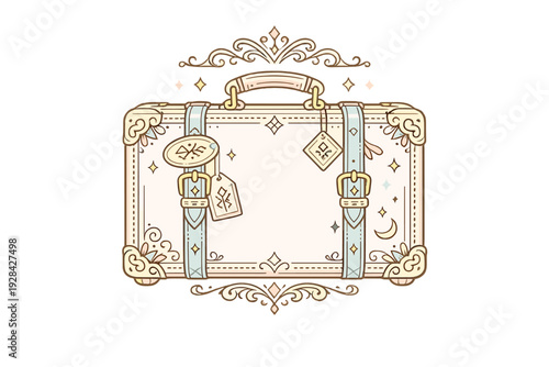 A whimsical illustration of a decorative vintage suitcase with pastel colors, ornate filigree corners, and magical symbols against a solid black background.