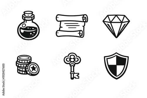 A collection of six minimalist fantasy game icons featuring a potion bottle, scroll, diamond, gold coins, ornate key, and a shield set against a solid black background.