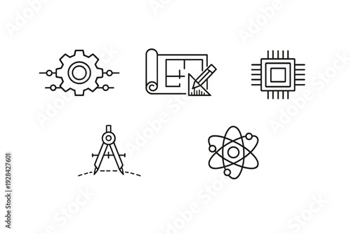 A collection of five black line icons representing engineering, technology, and science, including a gear, blueprint, microchip, compass, and atom model on a plain white background.