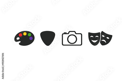 A row of four minimalist icons representing various arts including painting, music, photography, and theater, displayed in a simple graphic style on a solid black background.