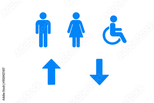 A set of bright blue icons featuring male, female, and disabled symbols alongside up and down arrows, set against a solid black background for clear visibility and navigation.