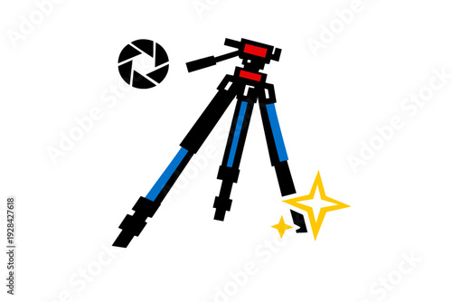 A stylized graphic illustration featuring a black camera tripod with blue and red accents, a white aperture icon, and two yellow stars set against a solid black background.