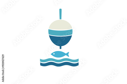 A minimalist vector illustration featuring a blue and white fishing bobber floating above a small blue fish and stylized waves against a solid black background.