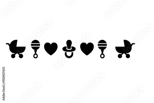 A sequence of five minimalist baby stroller icons arranged horizontally on a black background, showing different styles of infant carriages in a simple white line art style.