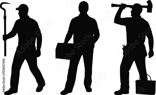 Construction worker silhouettes with tools set, builder and handyman holding hammer toolbox and crowbar vector illustration isolated