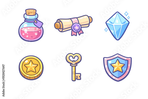A collection of six colorful fantasy game icons including a pink potion, a magic scroll, a blue diamond, a gold star coin, a heart-shaped key, and a protective shield on a black background.