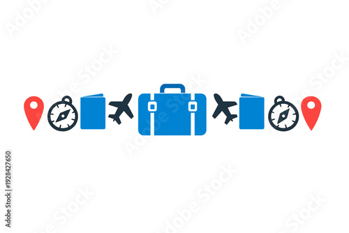 This minimalist illustration features a central blue suitcase flanked by airplanes, passports, compasses, and red location pins, all set against a solid black background.