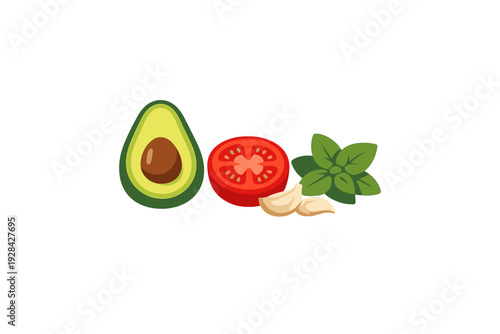 A flat vector illustration featuring a halved avocado with its pit, a sliced red tomato, fresh garlic cloves, and green basil leaves arranged against a solid black background.