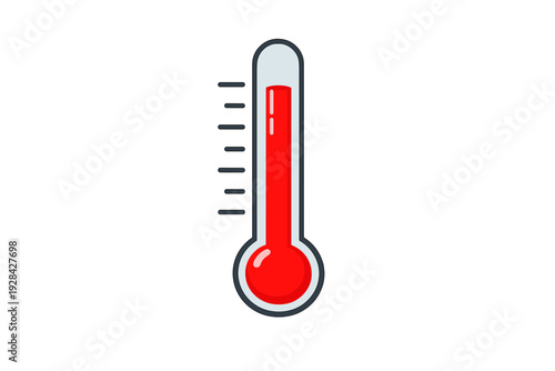 A flat design illustration of a thermometer with red liquid indicating a high temperature level. The icon features a white scale and is isolated on a solid black background.