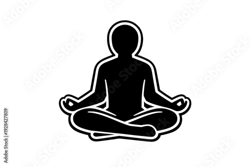 A minimalist white outline icon of a person sitting in a cross-legged meditation pose on a solid black background. The figure is shown in a peaceful yoga position with hands in mudras.