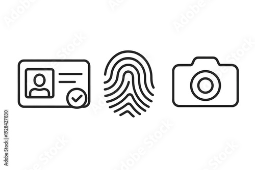 Three minimalist black line icons representing identity verification, including an identification card with a checkmark, a biometric fingerprint, and a digital camera symbol.