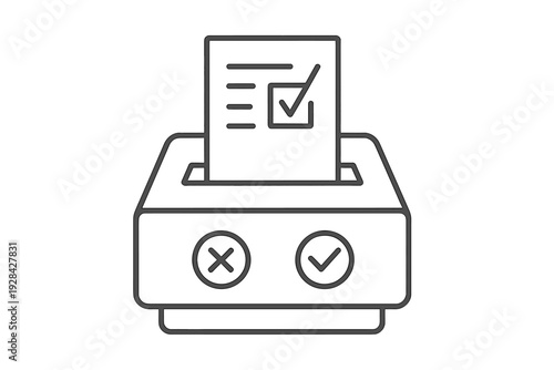 A black and white line icon depicting a ballot box with a paper ballot being inserted. The ballot features a checkmark, and the box displays both a cross and a checkmark symbol.