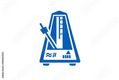 A blue graphic illustration of a mechanical metronome is centered on a solid black background. The icon features a triangular body with a pendulum arm and scale markings.