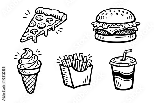 A collection of hand-drawn fast food illustrations featuring a pizza slice, a hamburger, an ice cream cone, french fries, and a soda cup, all rendered in a black and white doodle style.