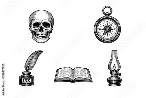 A collection of vintage-style illustrations featuring a human skull, a nautical compass, a quill pen with an inkwell, an open book, and a lit oil lamp on a black background.