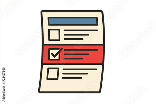 This flat vector illustration shows a document with multiple choice options. One item is selected with a checkmark and a red highlight, while the others are blank checkboxes.