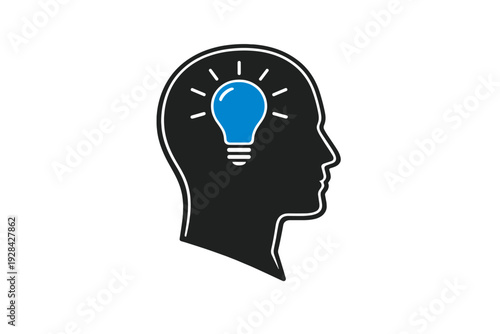 A minimalist graphic illustration of a dark human head silhouette in profile featuring a glowing blue light bulb inside, symbolizing a creative idea or a sudden spark of insight.