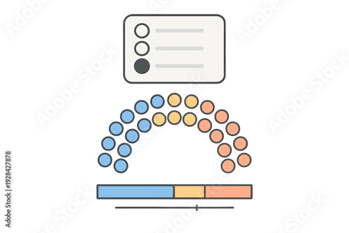 A flat illustration showing a voting ballot above a semi-circular assembly seating chart and a horizontal bar graph representing election results or data distribution in three colors.